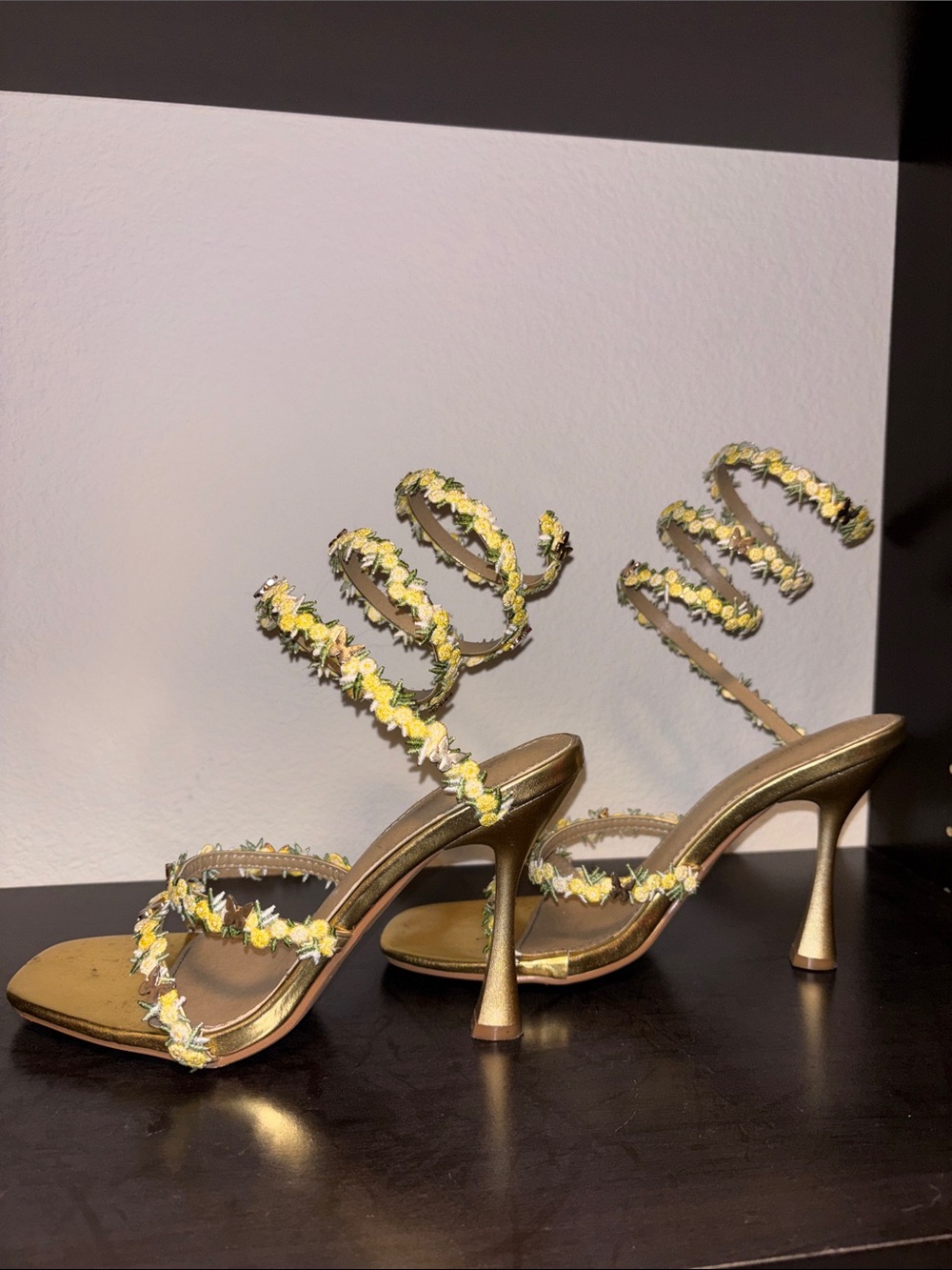 Fashion Nova Gold Floral Spiral-Strap Heels